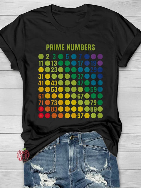 Rainbow Grid of Prime Numbers Casual Print T-shirt