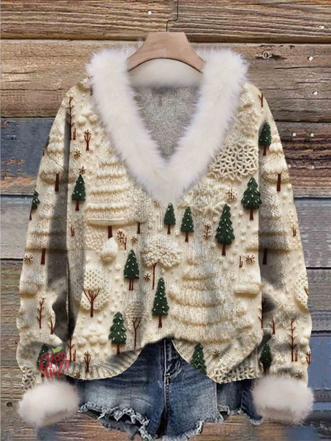 Christmas Tree Print Knit Pullover Fur Collar Sweater