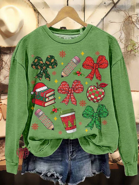 Coquettish Bow Teacher Christmas Pencil Casual Sweatshirt