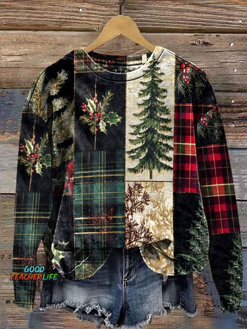 Retro Christmas Patchwork Art Prrint Casual  Sweatshirt