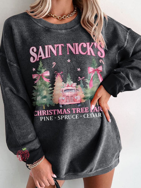 Women's Coquette Pink Christmas Tree Farm Casual Print Sweatshirt