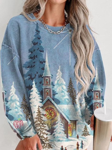 Christmas Snow House Print Women's Casual Sweatshirt