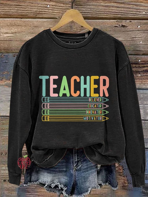 Retro Teacher Casual Print Sweatshirt