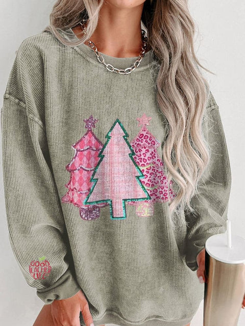 Cute Christmas Tree Women's  Casual Print Corduroy Sweatshirt