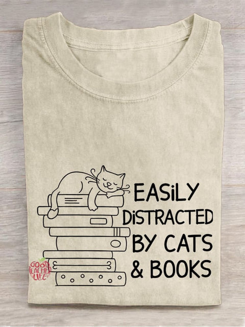 Easily Distracted By Cats And Books Teacher Casual Print T-shirt