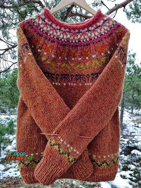 Retro Print Knit Crew Neck  Pullover Sweater