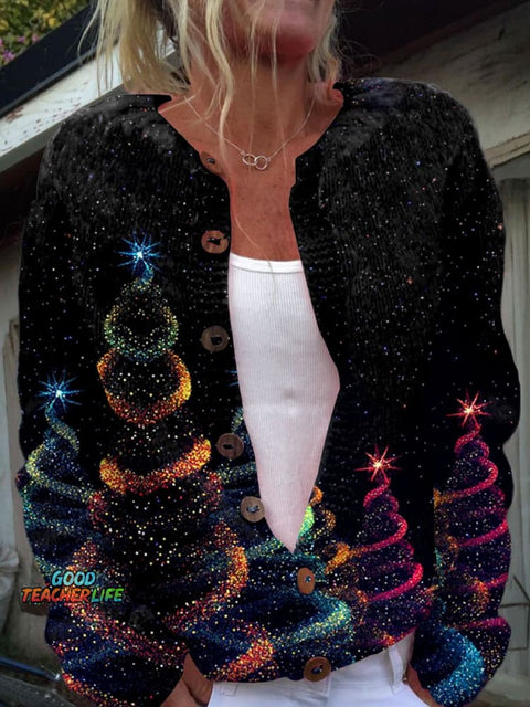 Glitter Christmas Art Print Buttoned Cardigan Sweater