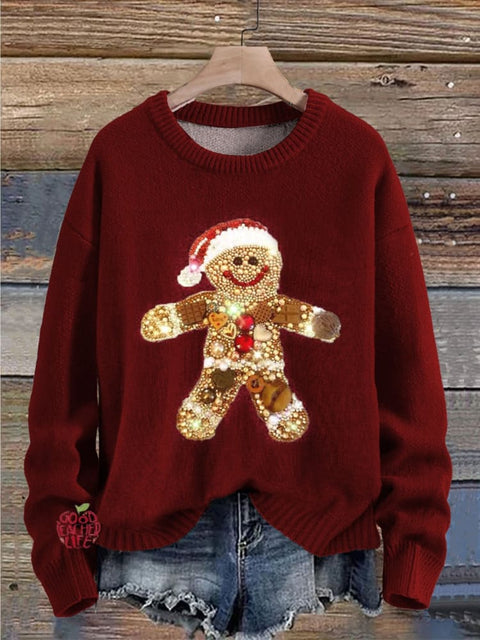 Christmas Jewelry Art Gingerbread Man Claus Print Knit Pullover Sweater