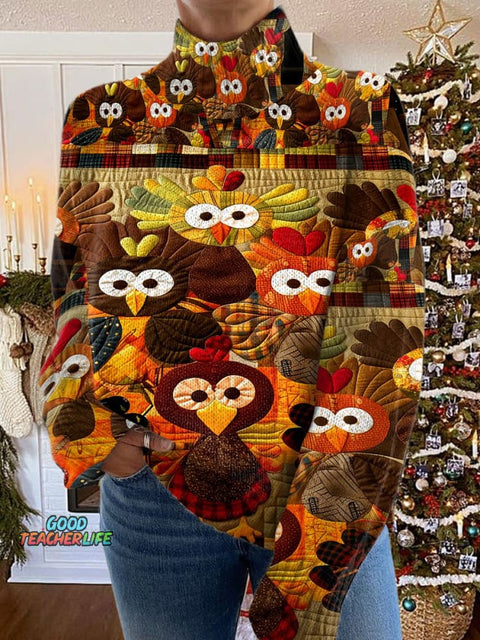 Turkey Art Print Knit Turtleneck Pullover Sweater