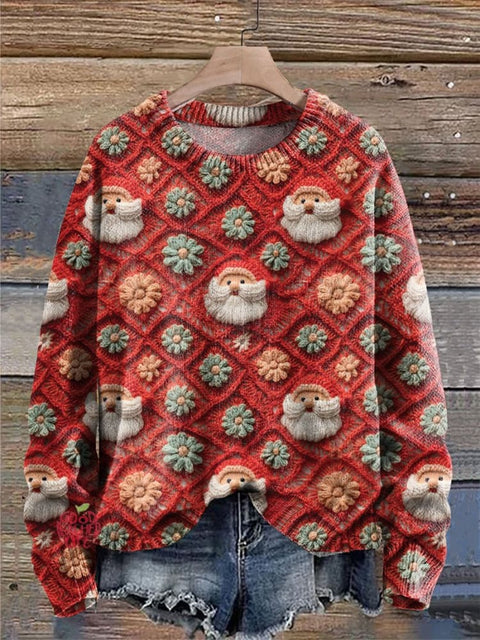 Boho Santas Christmas Print Knit Pullover Sweater