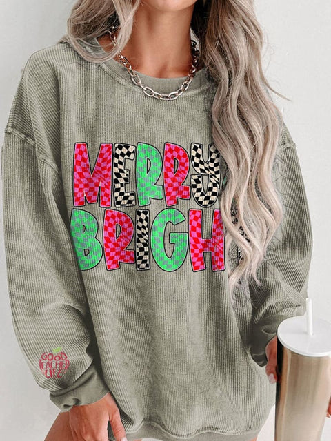 Christmas Merry and Bright Merry Women's  Casual Print Corduroy Sweatshirt