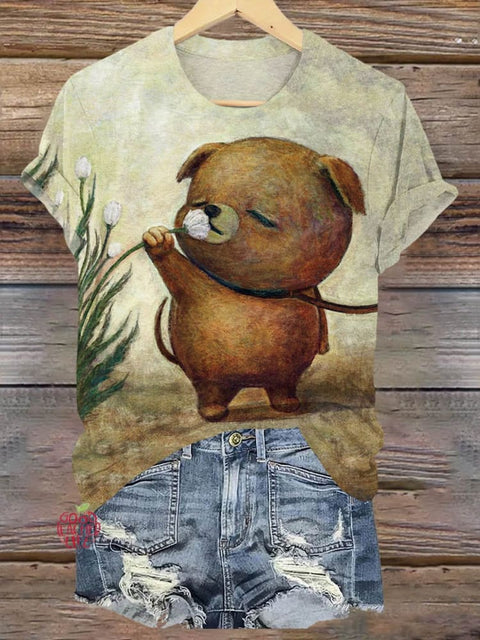 Funny Dog Flower Art Print T-shirt