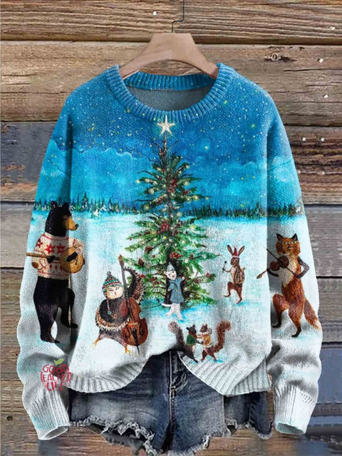 Christmas Whimsical Woodland Animals Seamless Crew Neck Fashionable Retro Casual Printed Sweater