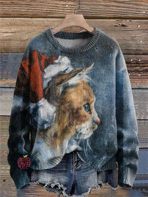 Christmas Cat Print Knit Pullover Sweater