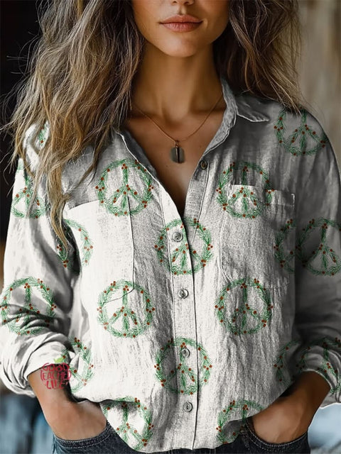 Women's Christmas Peace Sign Print Casual Long Sleeve Comfortable Cotton Shirt