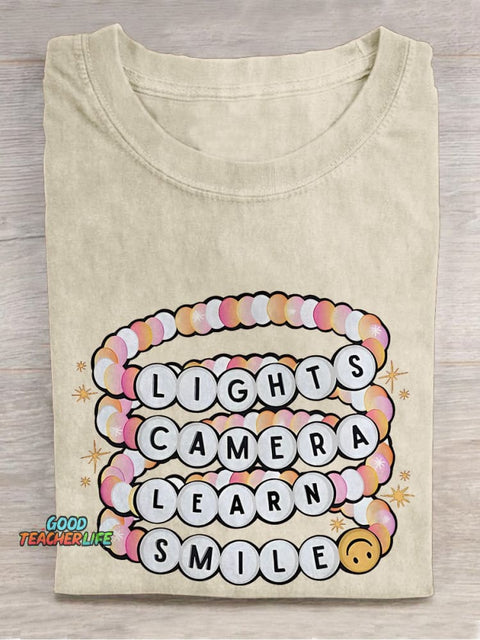 Lights Camera Teach Smile Teacher Groovy Casual Print T-shirt