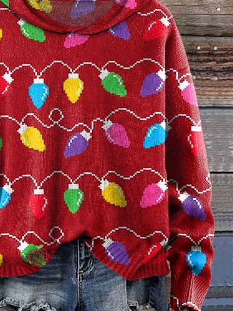 Christmas Lights Print Casual Knitted Hoodie Sweater