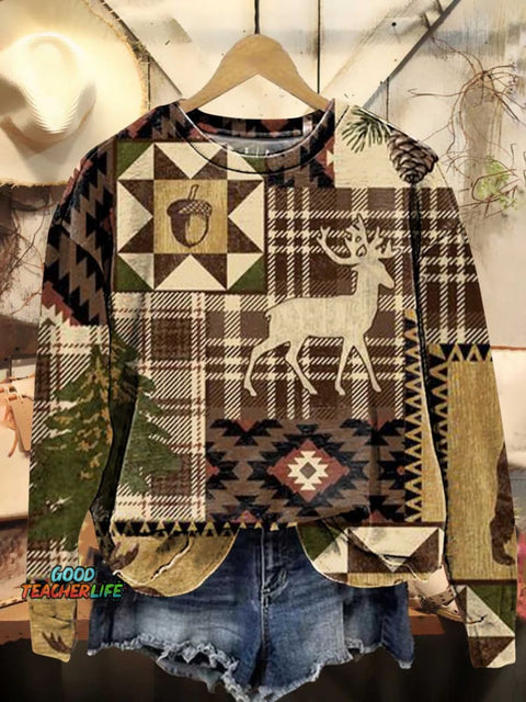Retro Splicing Christmas Deer Pattern Casual Sweatshirt