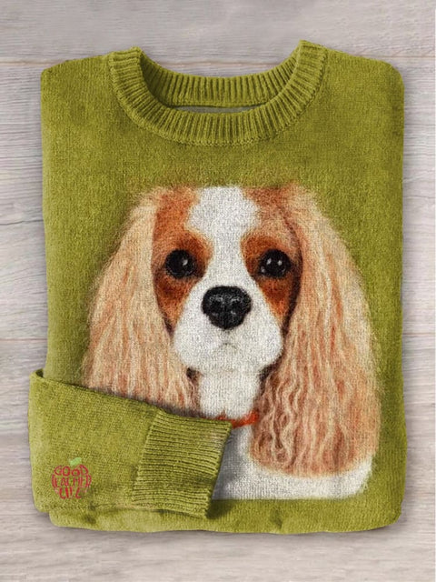 Cute Felt Dog Art Print Knit Pullover Sweater