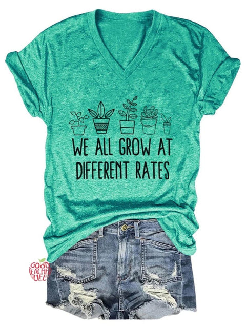 Women's We All Grow At Different Rates Teacher V-neck T-shirt