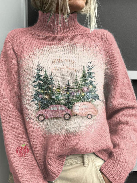 Women's Lovely Christmas Tree Pattern Art Print Knit Turtleneck Pullover Sweater