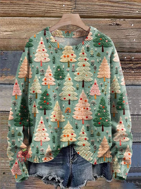 Sage and Beige Christmas Tree Print Knit Pullover Sweater