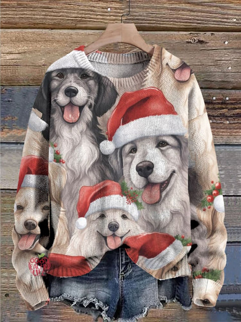 Christmas Hat Dog Print Knit Pullover Sweater