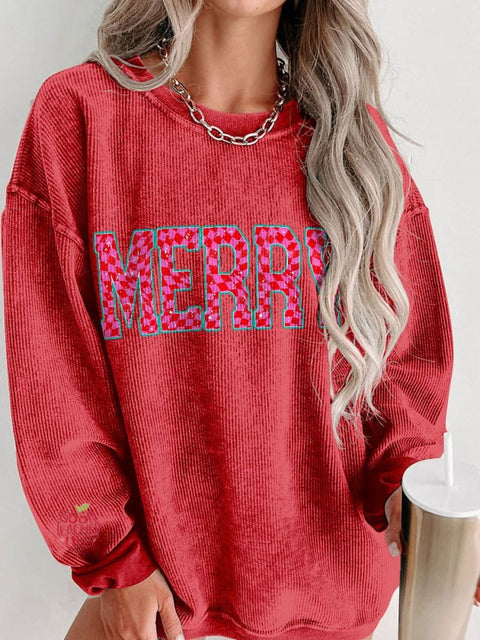 Women's Merry Christmas Checkered Letters Casual Print Corduroy Sweatshirt