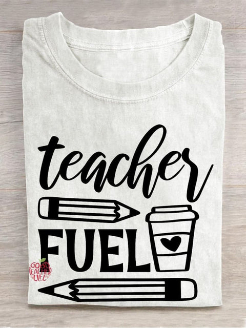 Teacher Fuel Pencil Coffee Casual Print T-shirt