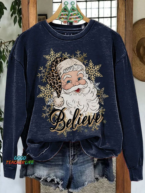 Santa Gold Snowflake Print Casual Sweatshirt