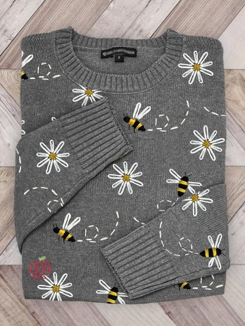 Bee Floral Art Print Knit Pullover Sweater