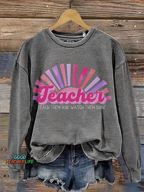 Retro Bright Pink Sun Hot Casual Print Sweatshirt