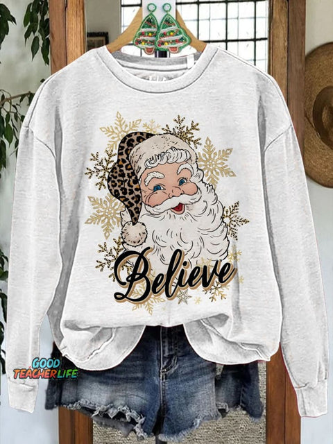 Santa Gold Snowflake Print Casual Sweatshirt