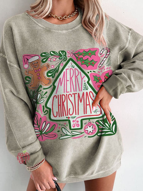 Christmas Boho Floral Christmas Women's  Casual Print Corduroy Sweatshirt