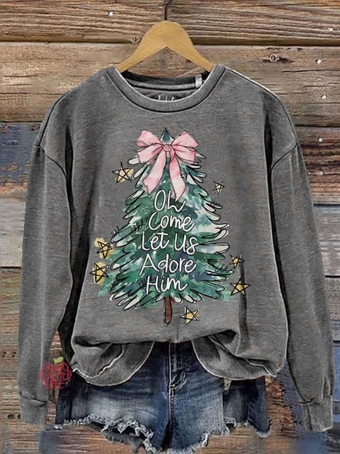 Oh Come Let Us Adore Him Jesus Christmas Casual Print Sweatshirt