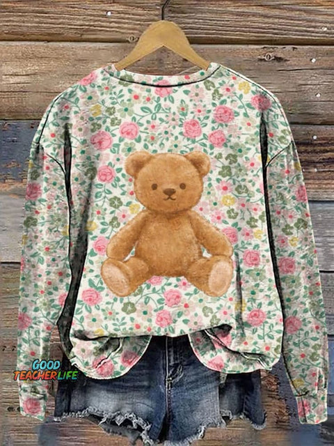 Floral and Teddy Bear Decorative Pattern Casual Sweatshirt