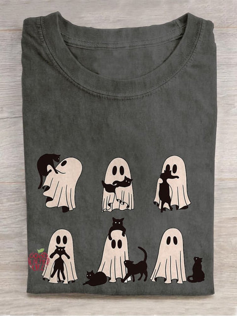 Ghost Cat Halloween Casual Print T-shirt