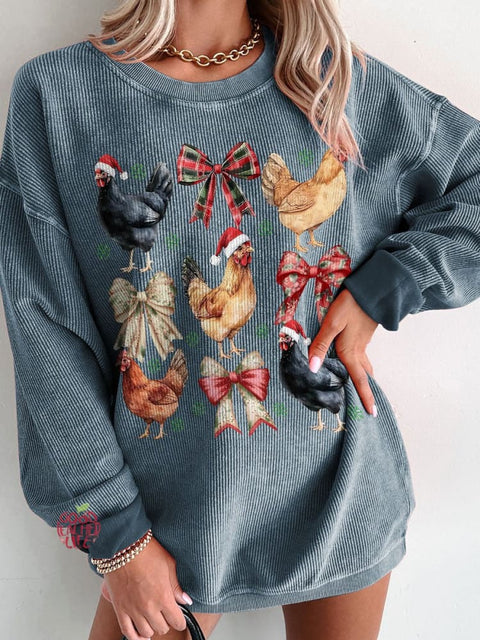 Women's Chicken Christmas Coquette Casual Print Corduroy Sweatshirt