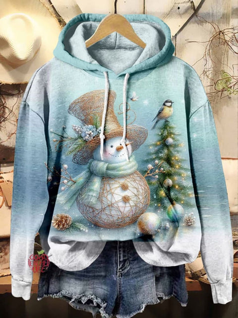 Cute Snowman Christmas Tree Print Casual Hoodie Sweatshirt