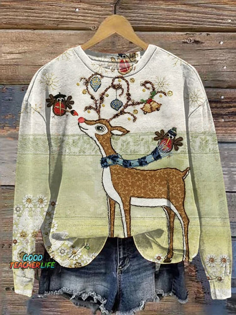 Retro Christmas Deer Art Print Casual Sweatshirt