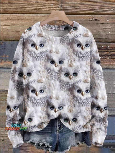Christmas Gift Owl Art Print Knit Pullover Sweater