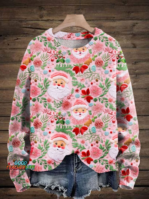 Pink Christmas Santa Embroidered  Art Print Knit Pullover Sweater
