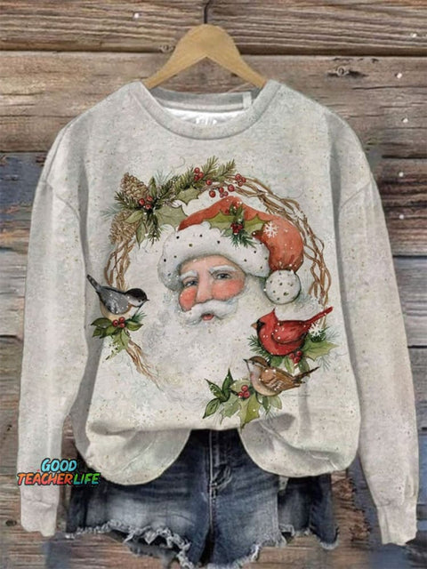 Cozy Retro Santas Christmas Print Casual  Sweatshirt