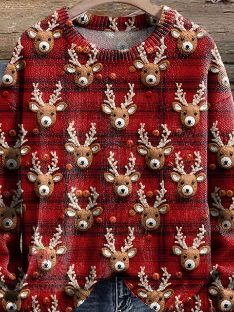 Red Plaid Reindeer Xmas Reindeer Cute Winter Plaid Christmas Reindeer Print Knit Pullover Sweater