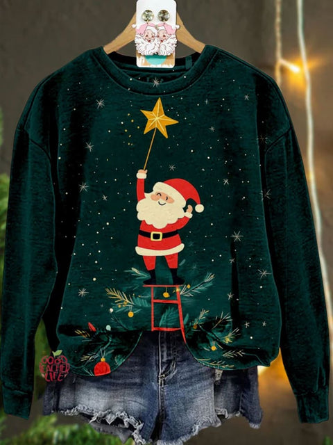 Santa Claus Decorating Christmas Tree Christmas Casual Print Sweatshirt