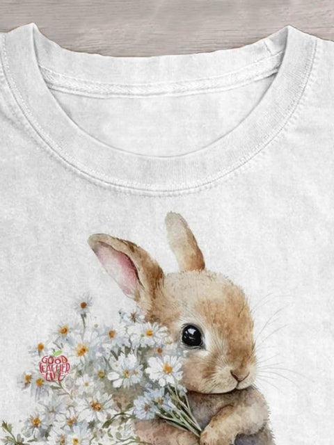 Easter Rabbit Flower Pattern Art Design Print T-shirt