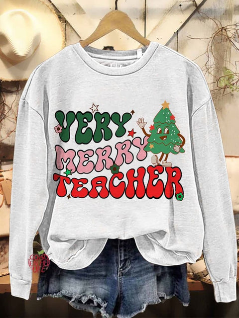 Merry Christmas Very Merry Teacher Casual Print Sweatshirt