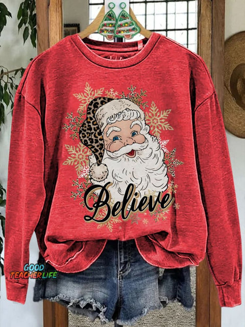 Santa Gold Snowflake Print Casual Sweatshirt