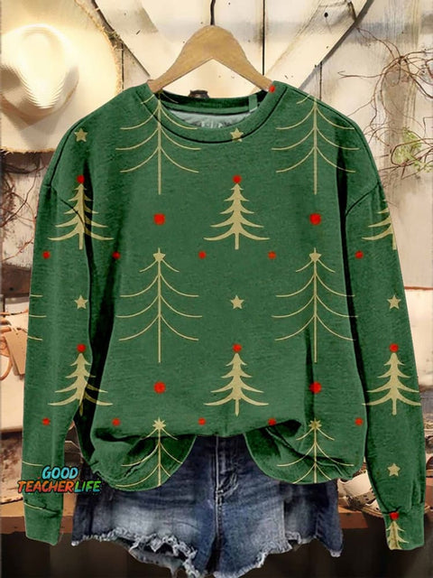 Retro Christmas Christmas Tree Casual Print Sweatshirt