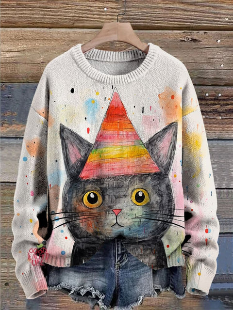 Christmas Hat Cat Funny Cute Print Knit Pullover Sweater